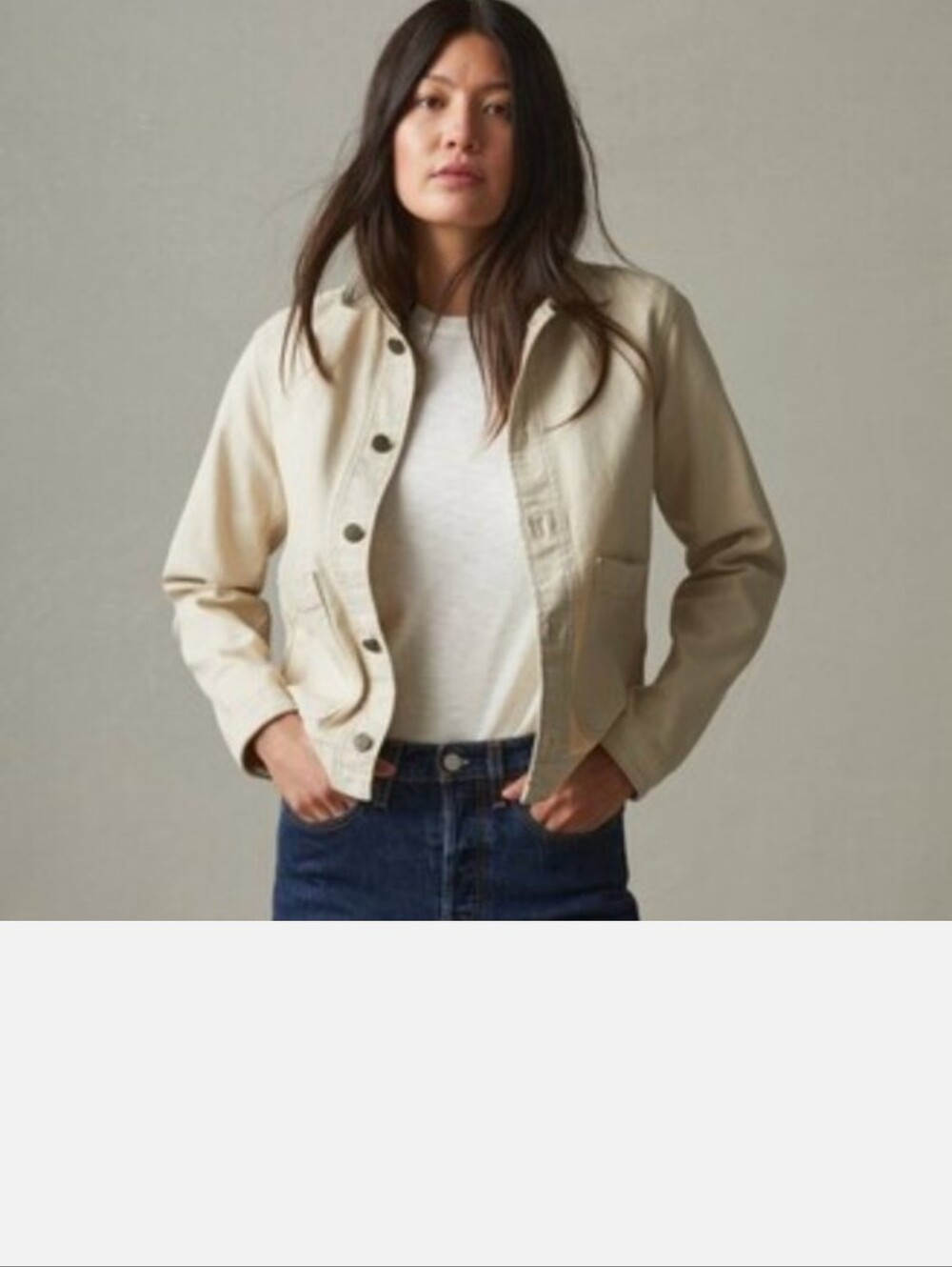American Giant Off White Cotton Canvas Button-Front Jacket.